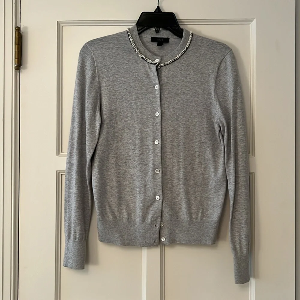 Gray J Crew Button-Up Women's Sweater w/Bead Detail on Collar
